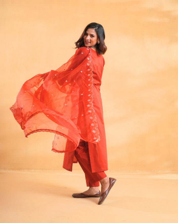 Ruhaani Rust Cotton Suit For Women - Set of 3