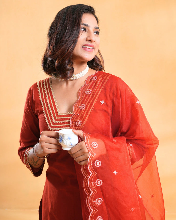Ruhaani Rust Cotton Suit For Women - Set of 3