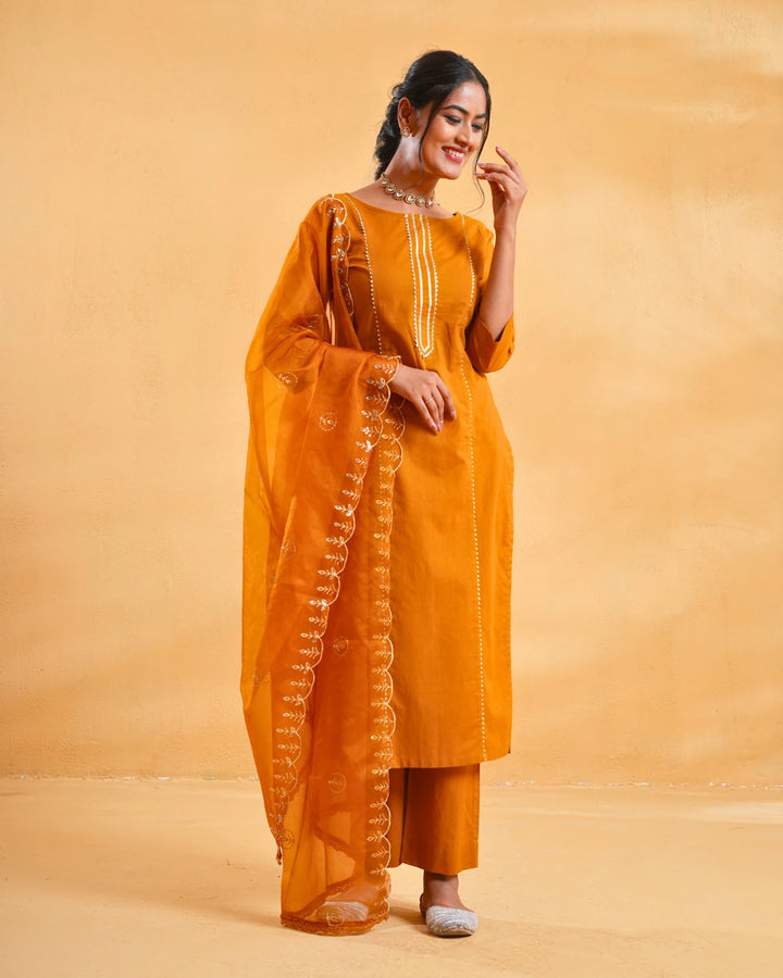 Mustard Yellow Cotton Suit For Women - Set of 3