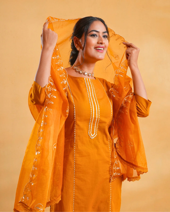 Mustard Yellow Cotton Suit For Women - Set of 3