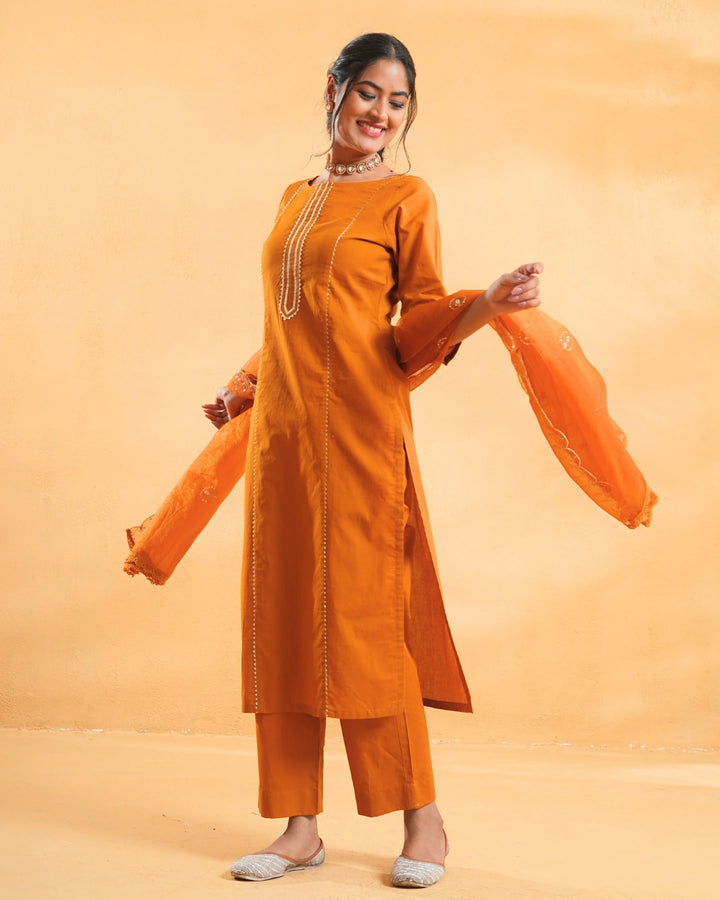 Mustard Yellow Cotton Suit For Women - Set of 3