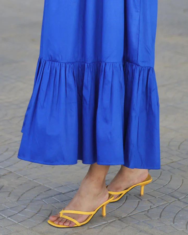 Solid Electric Blue Tiered Midi Dress