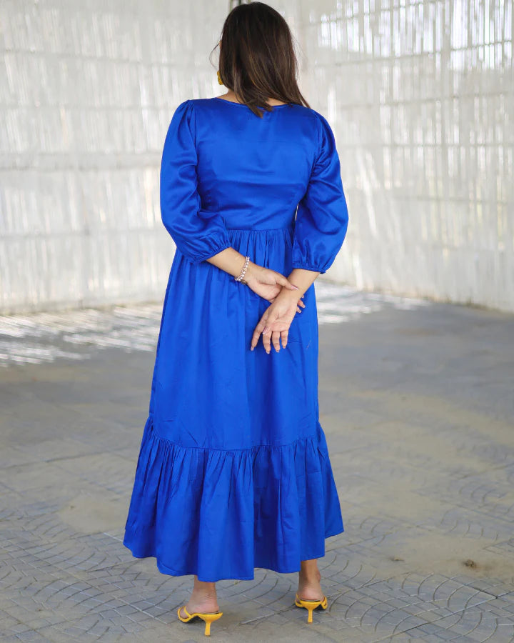 Solid Electric Blue Tiered Midi Dress