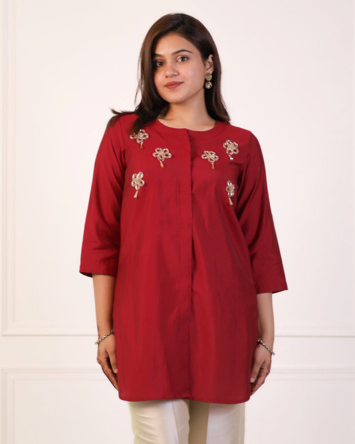 Sangria Maroon Solid Embellished Shirt