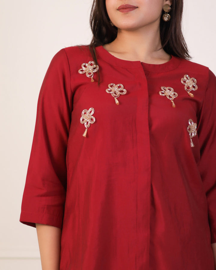 Sangria Maroon Solid Embellished Shirt