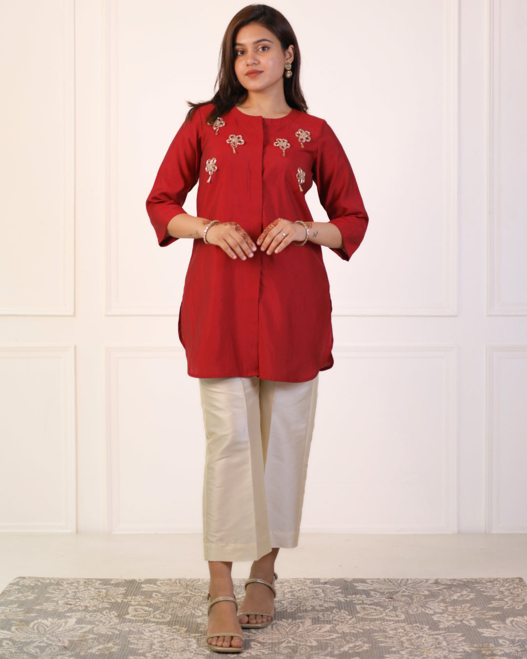 Sangria Maroon Solid Embellished Shirt