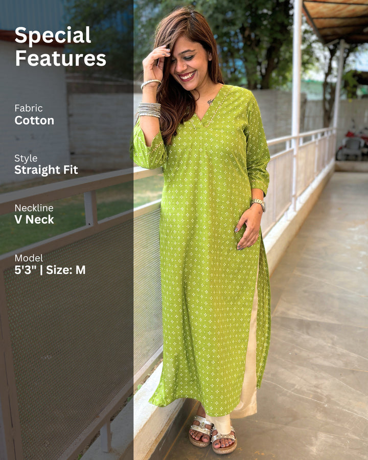 Sap Green Straight Cotton Kurta