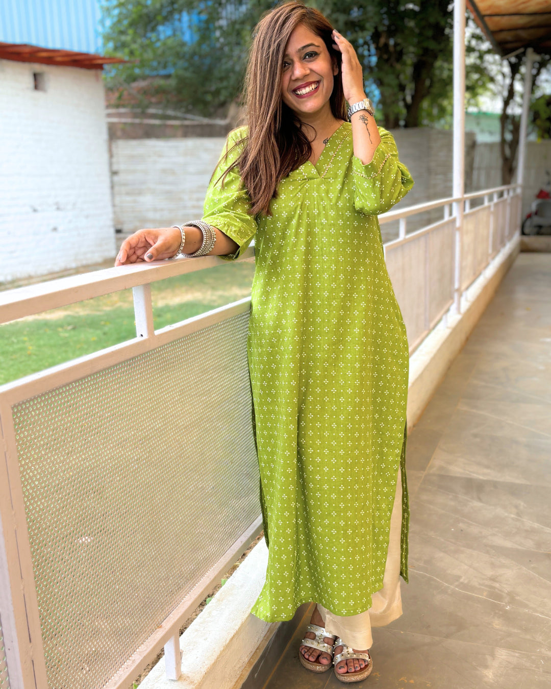 Sap Green Straight Cotton Kurta