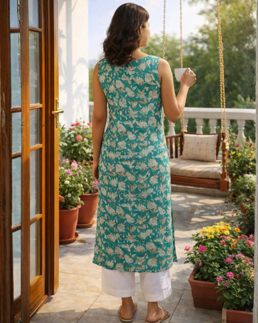 Azure Bloom Straight Cotton Kurta For Women