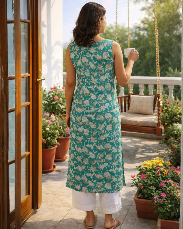 Azure Bloom Straight Cotton Kurta For Women