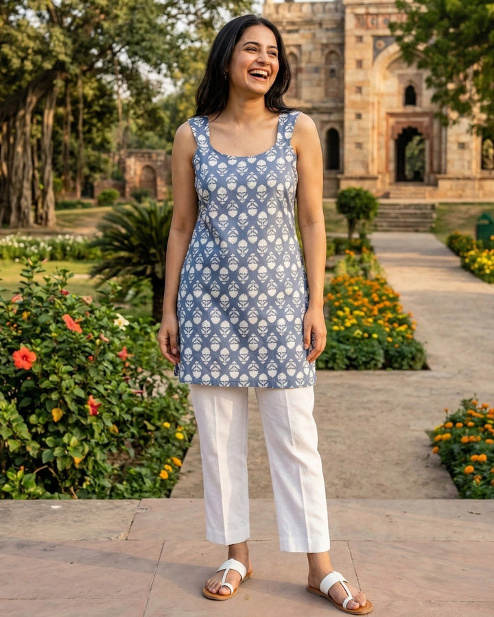 Soft Yellow Roses Sleeveless Women's Short Kurti