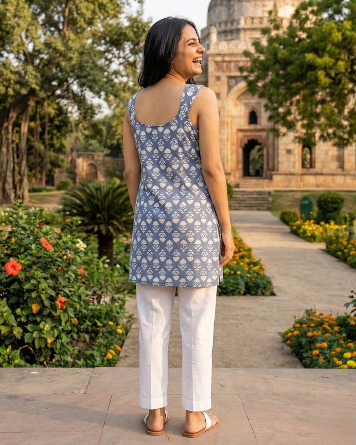 Soft Yellow Roses Sleeveless Women's Short Kurti