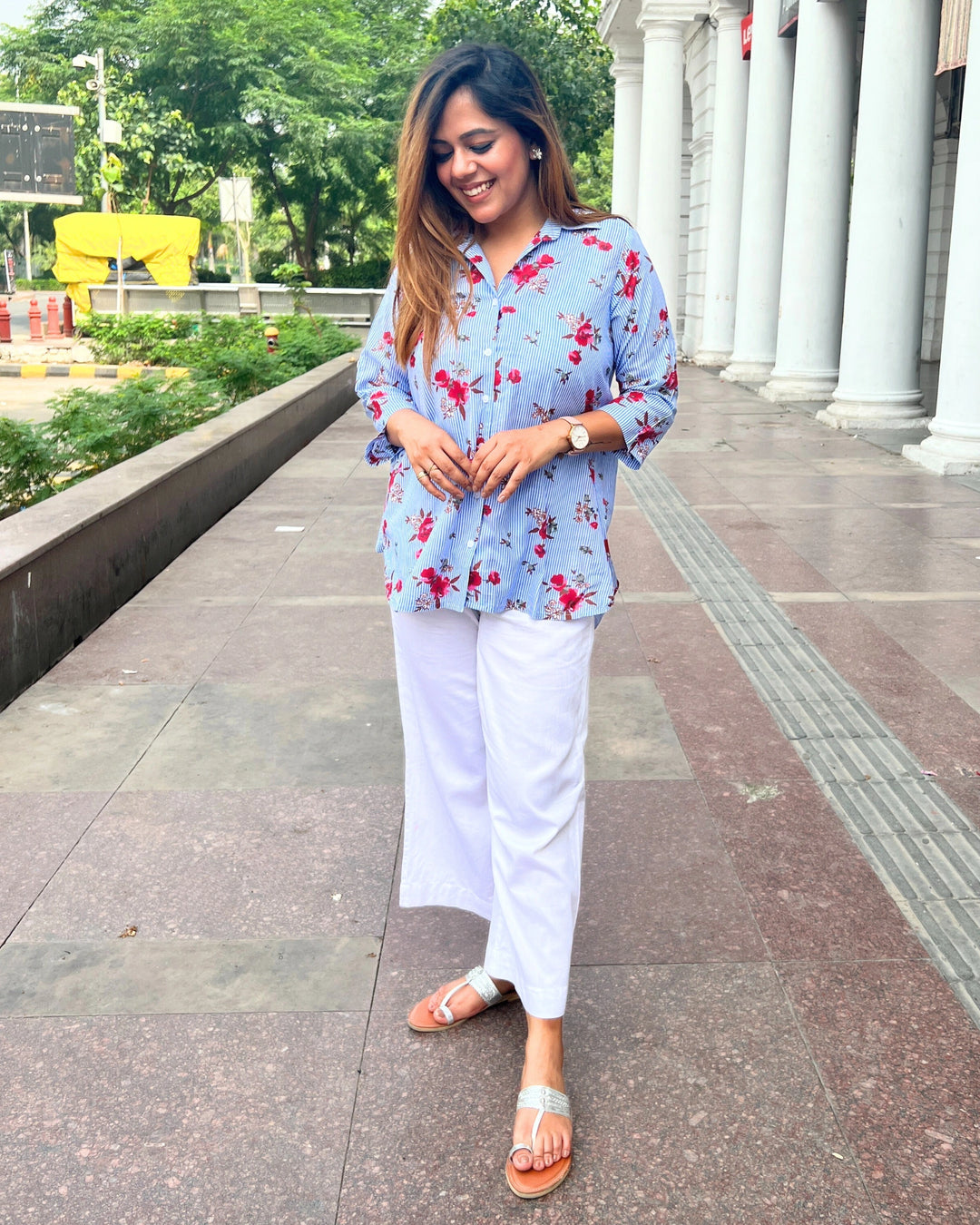 Sky Blue Floral Cotton Shirt for Women