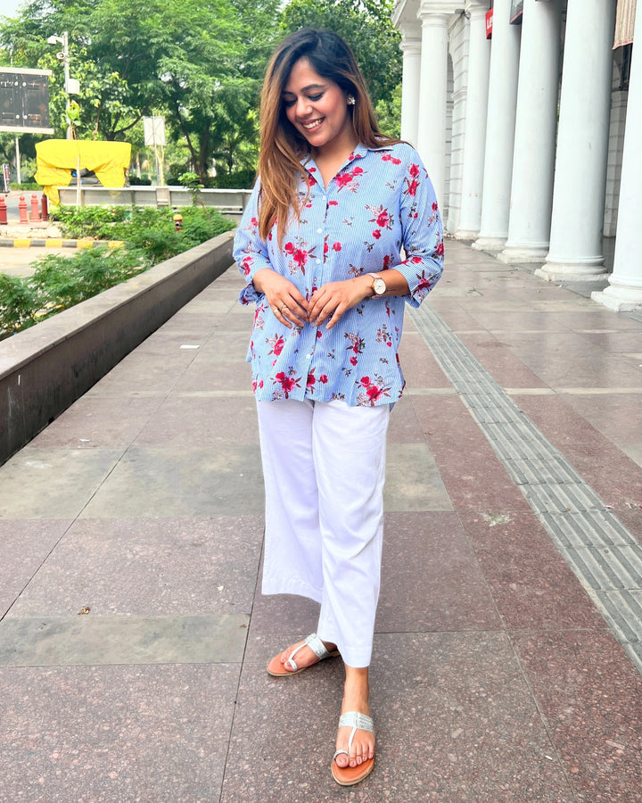 Sky Blue Floral Cotton Shirt for Women