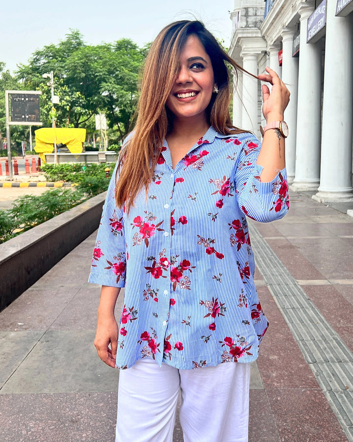 Sky Blue Floral Cotton Shirt for Women