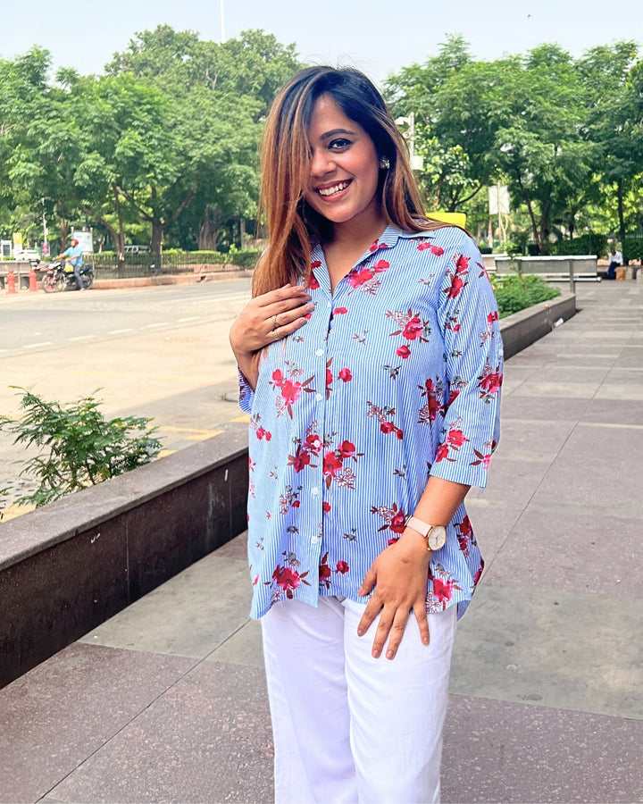 Sky Blue Floral Cotton Shirt for Women
