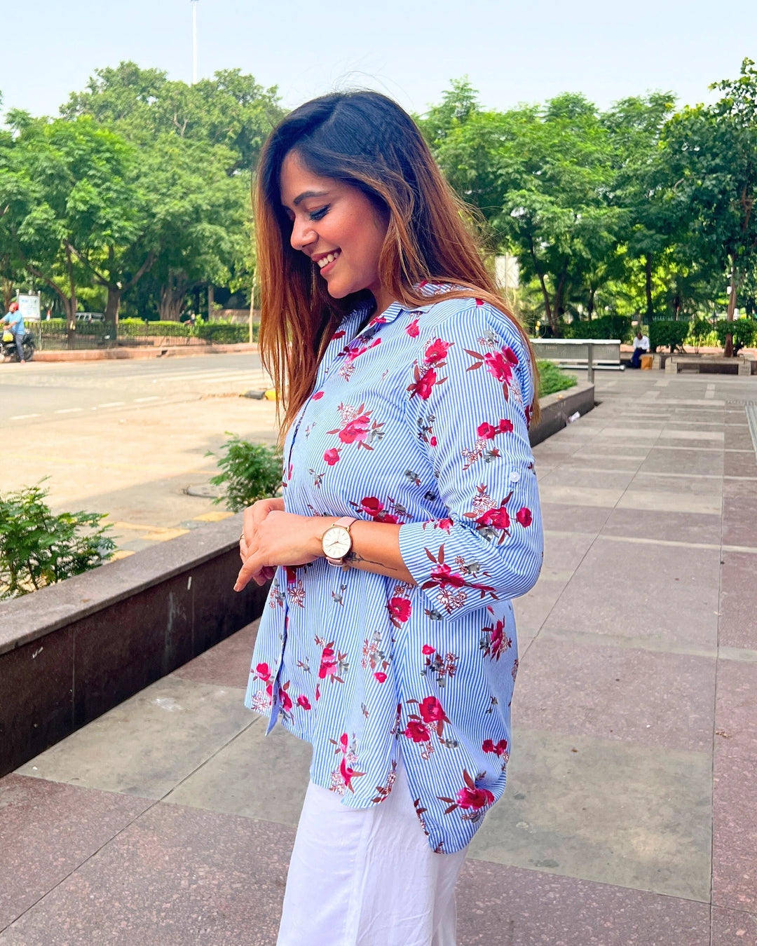 Sky Blue Floral Cotton Shirt for Women