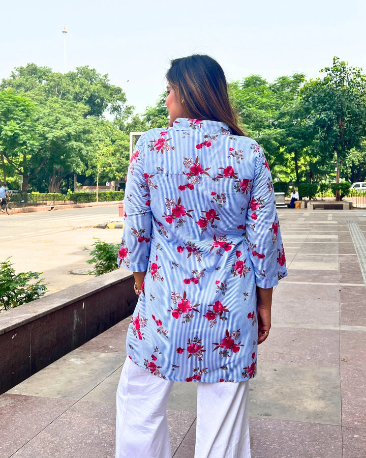 Sky Blue Floral Cotton Shirt for Women