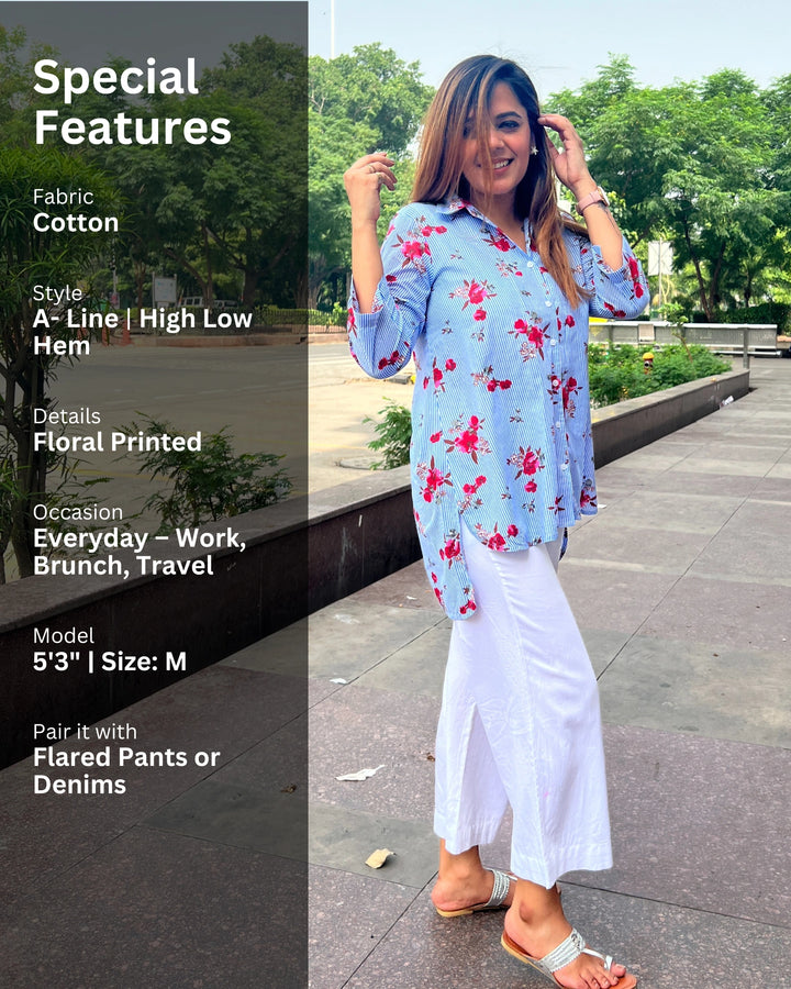 Sky Blue Floral Cotton Shirt for Women