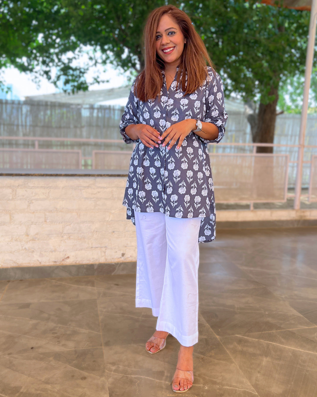 Slate Blue Printed Cotton Aline Shirt