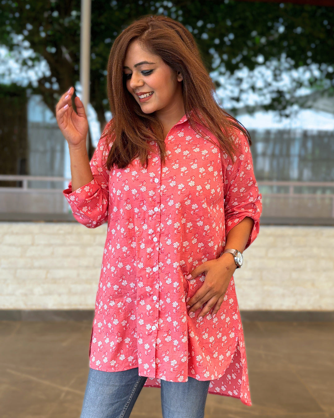 Soft Pink Floral Printed Cotton Aline Shirt