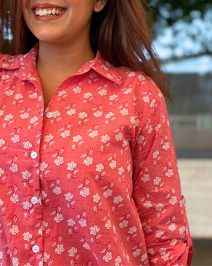 Soft Pink Floral Printed Cotton Aline Shirt