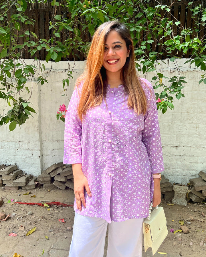 Soft Lavender Embroidered Cotton Shirt For Women