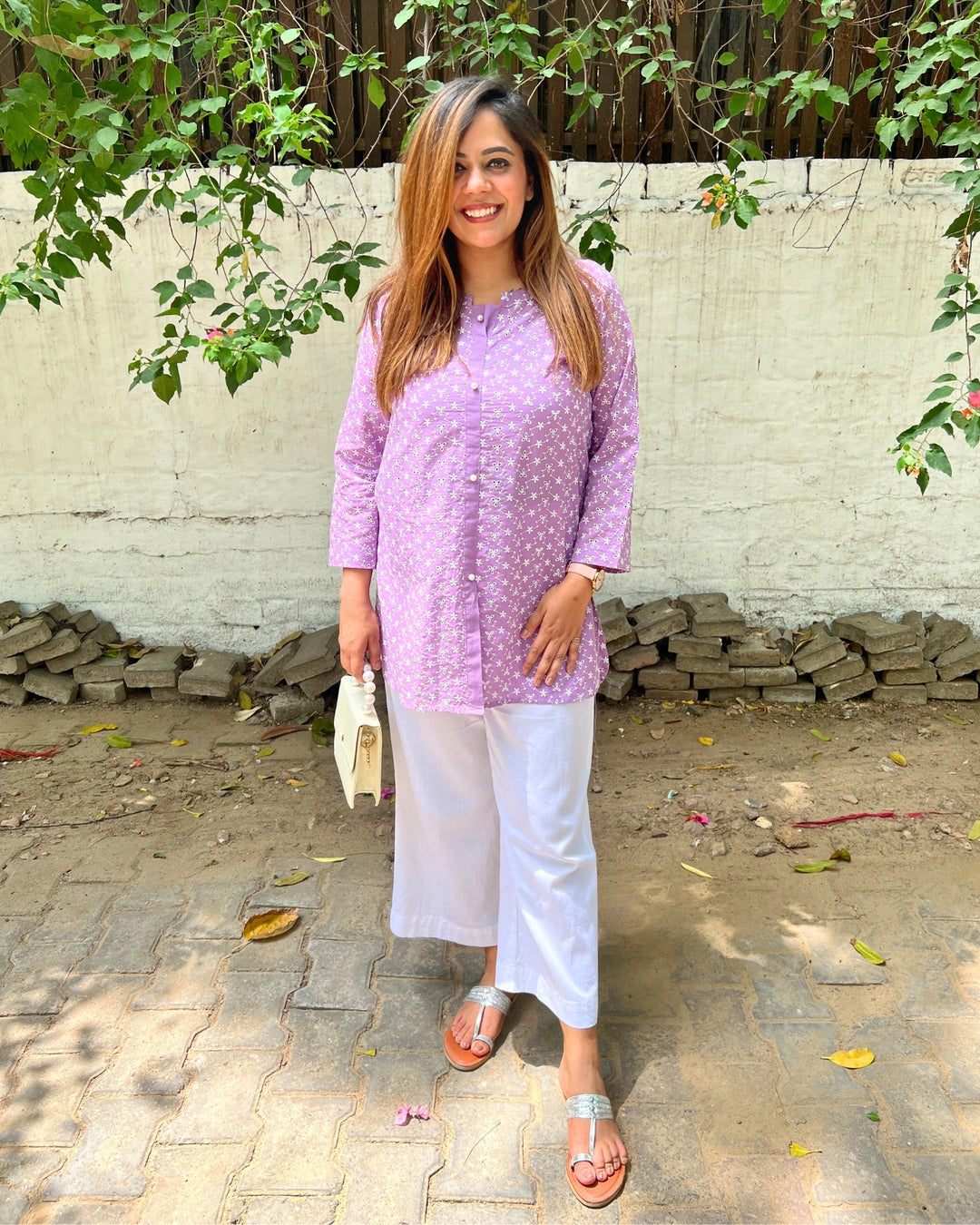 Soft Lavender Embroidered Cotton Shirt For Women