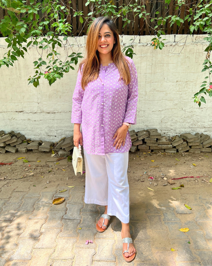 Soft Lavender Embroidered Cotton Shirt For Women