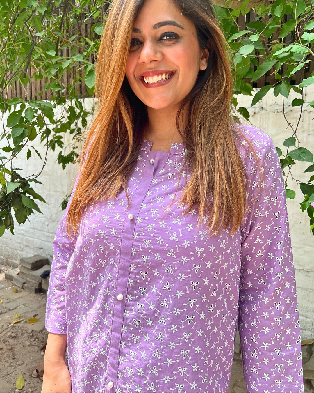 Soft Lavender Embroidered Cotton Shirt For Women