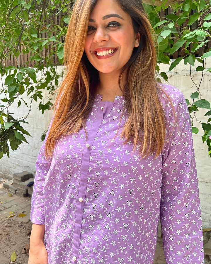 Soft Lavender Embroidered Cotton Shirt For Women