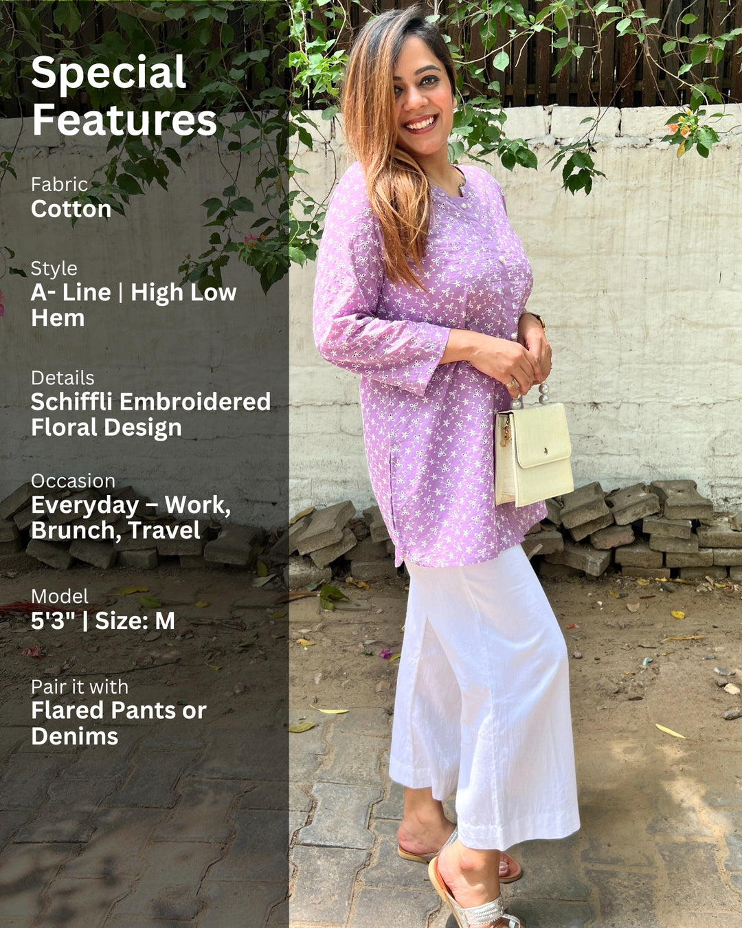 Soft Lavender Embroidered Cotton Shirt For Women