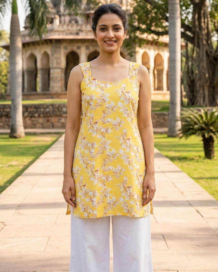 Beluga Yellow Roses Sleeveless Women's Short Kurti