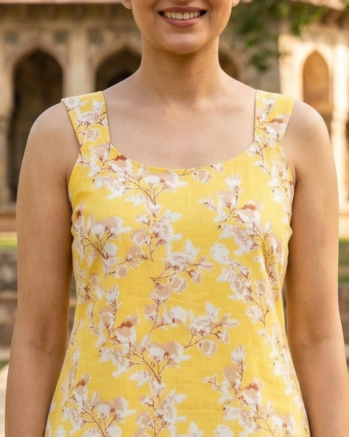 Beluga Yellow Roses Sleeveless Women's Short Kurti