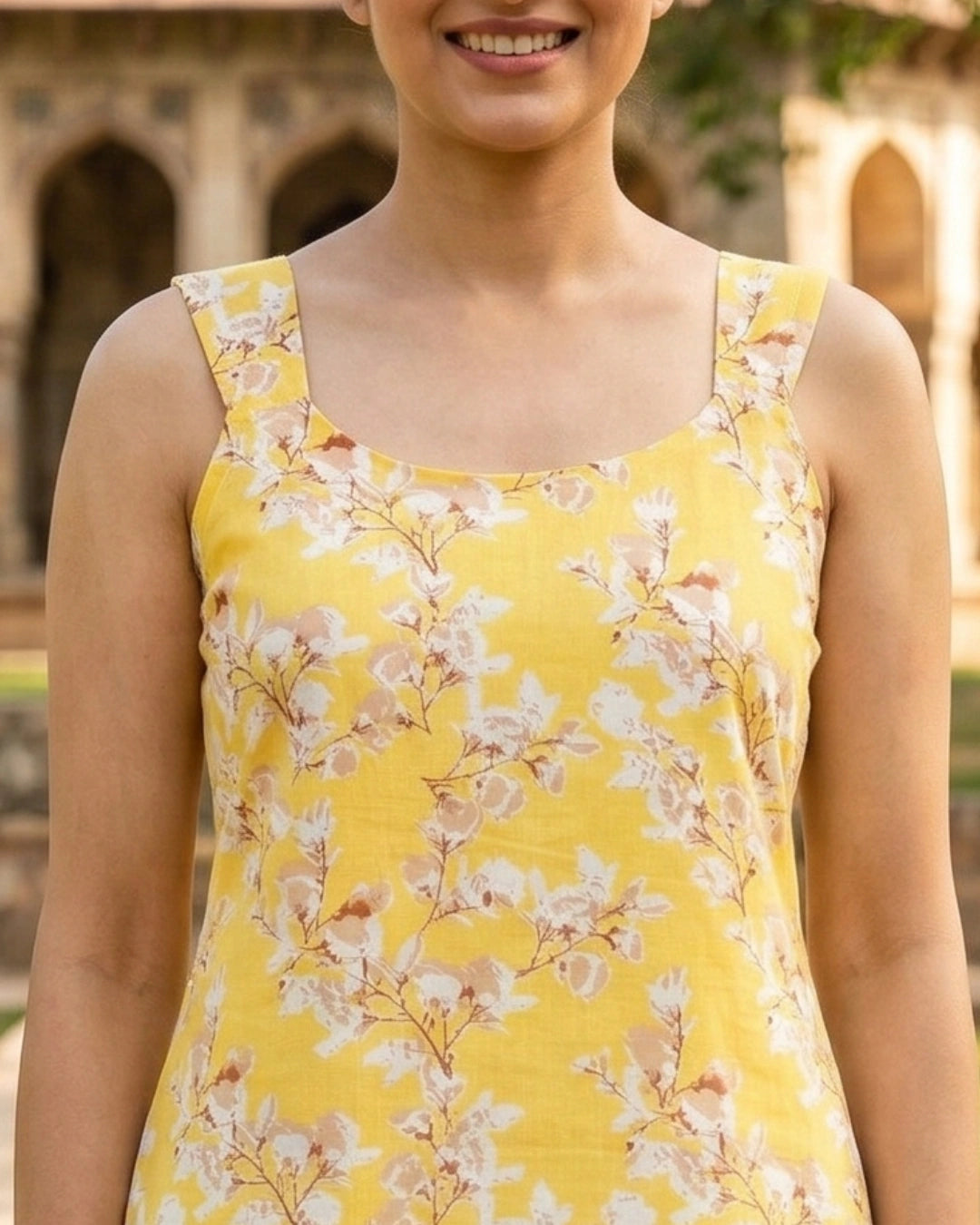 Soft Yellow Roses Sleeveless Women's Short Kurti