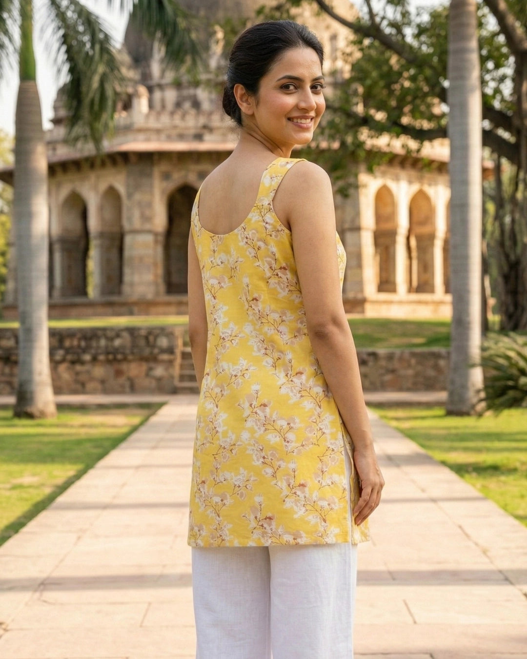 Soft Yellow Roses Sleeveless Women's Short Kurti
