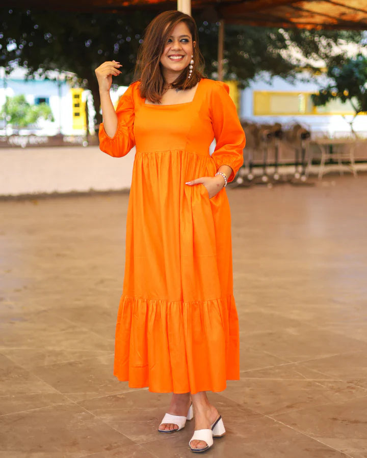 Spanish Orange Tiered Midi Dress