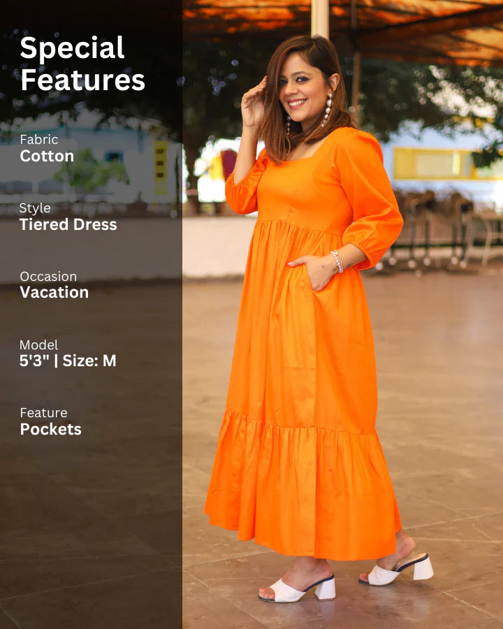 Spanish Orange Tiered Midi Dress