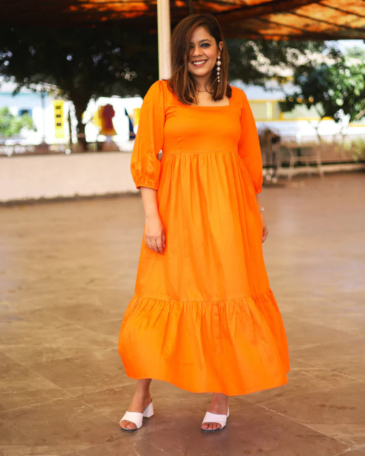 Spanish Orange Tiered Midi Dress
