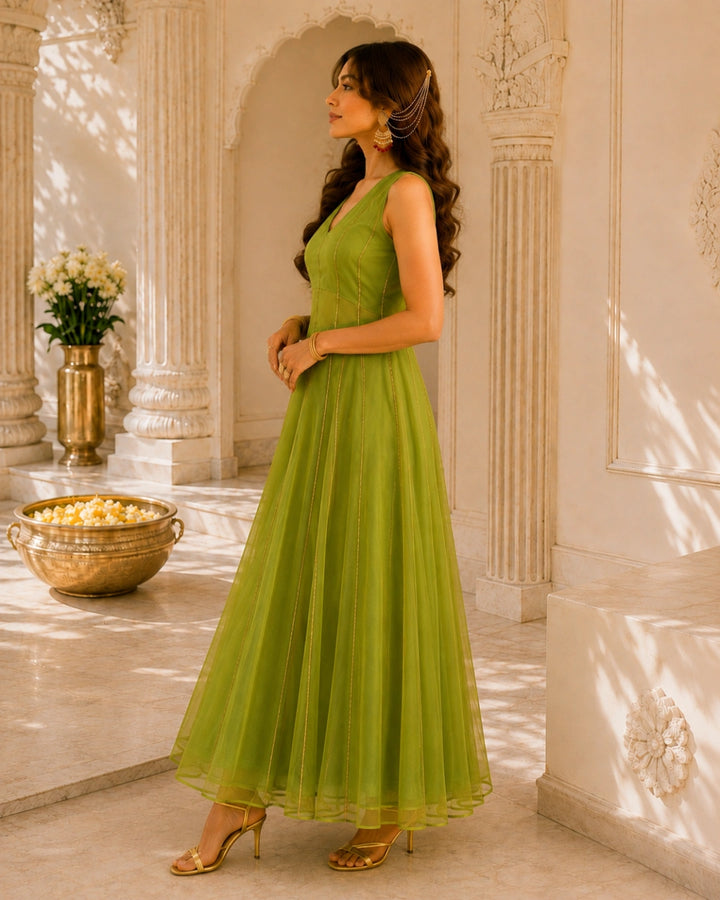 Sunheri Noor Gota Lace Green Dress