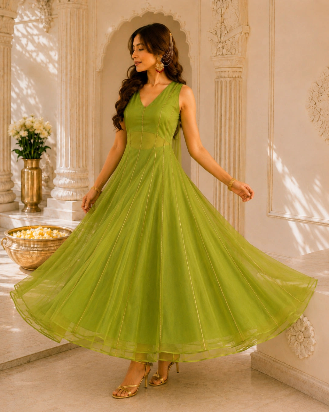Sunheri Noor Gota Lace Green Dress