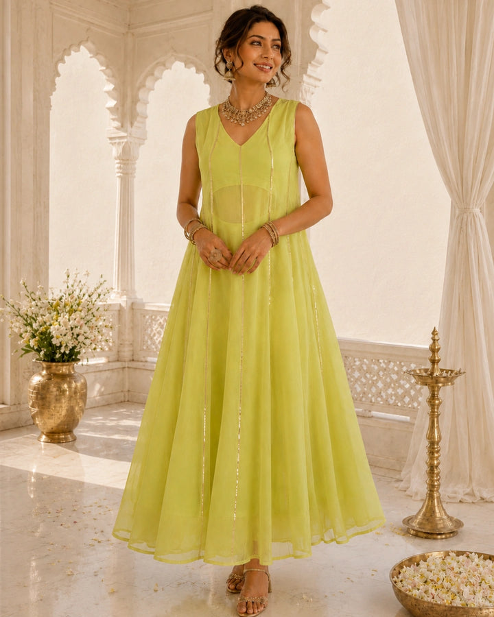 Sunheri Noor Gota Lace Lime Dress