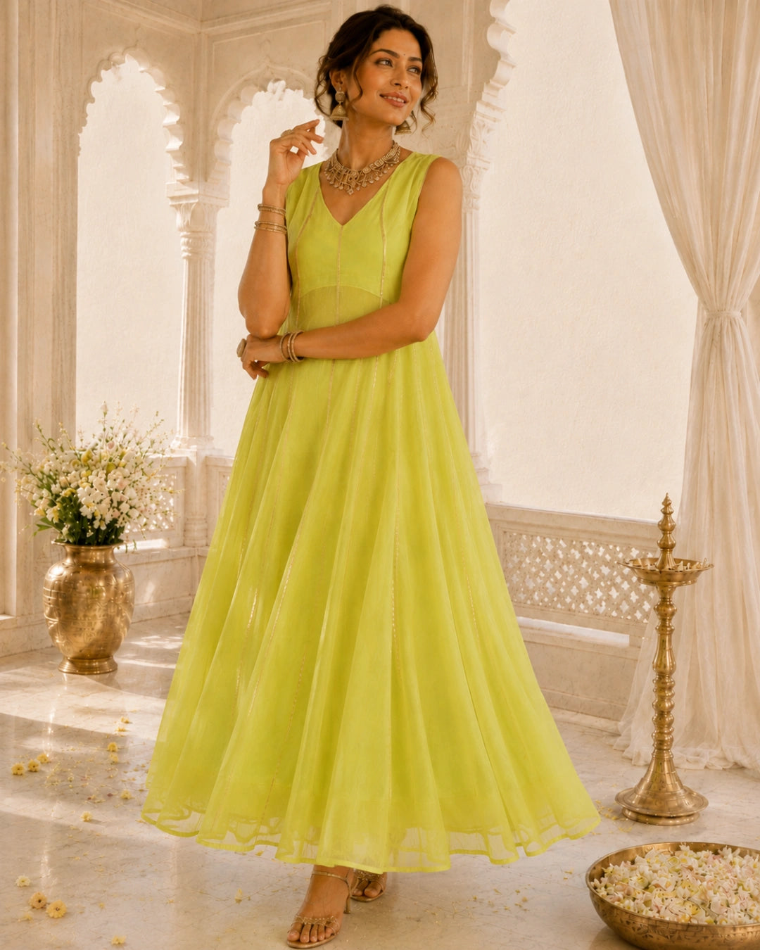 Sunheri Noor Gota Lace Lime Dress