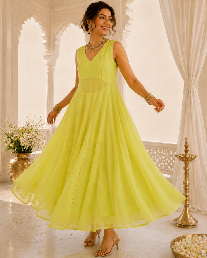 Sunheri Noor Gota Lace Lime Dress