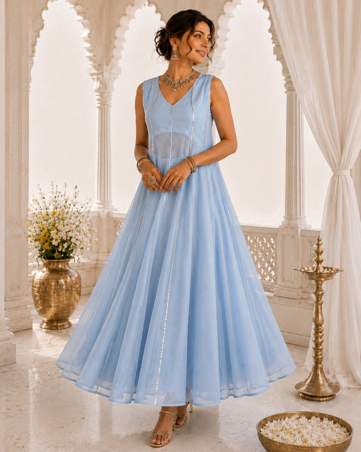Sunheri Noor Gota Lace Powder Blue Dress