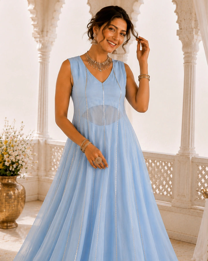 Sunheri Noor Gota Lace Powder Blue Dress