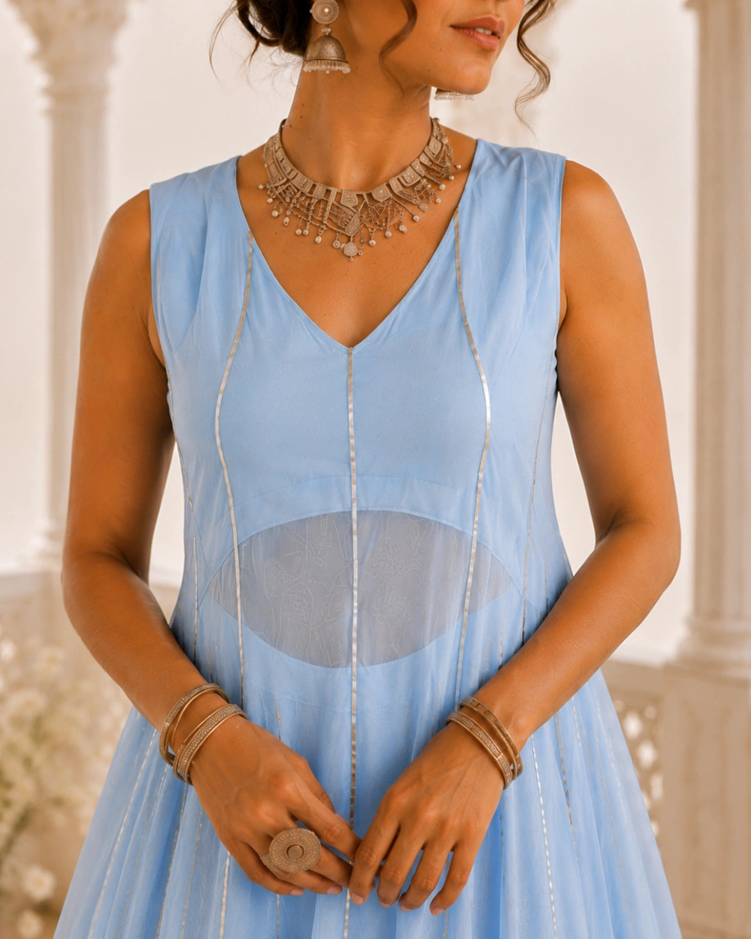 Sunheri Noor Gota Lace Powder Blue Dress