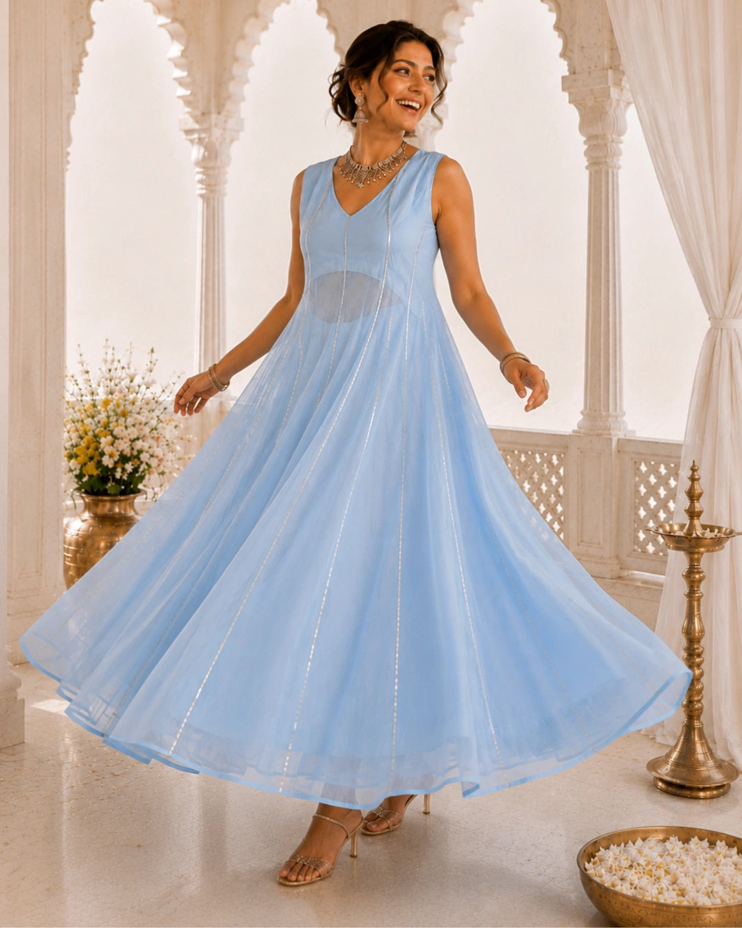 Sunheri Noor Gota Lace Powder Blue Dress