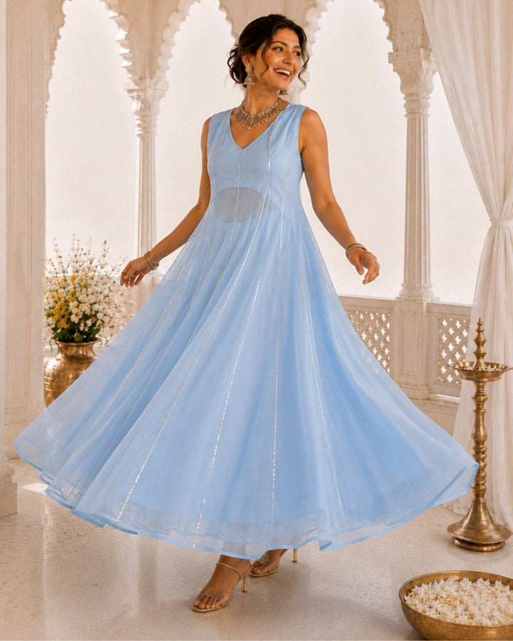 Sunheri Noor Gota Lace Powder Blue Dress