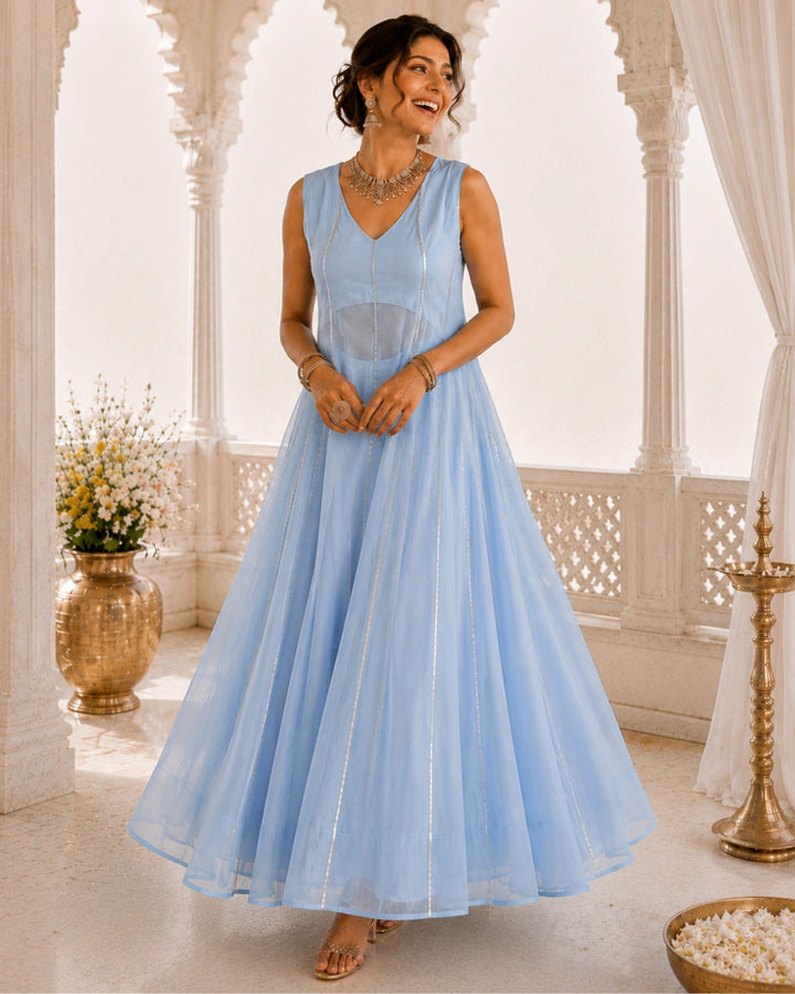 Sunheri Noor Gota Lace Powder Blue Dress